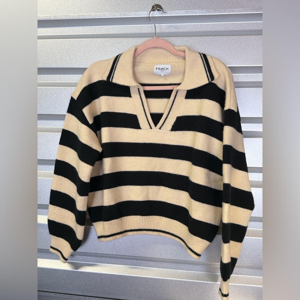 FRNCH Paris Striped Collared Sweater Black Cream Cropped Knit Size M - Picture 2 of 5